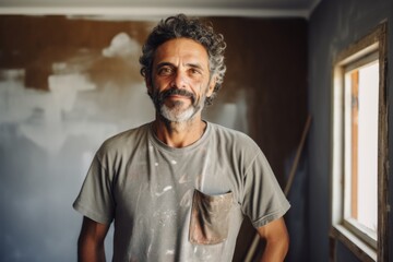 Obraz premium Portrait of a middle aged Hispanic male plastering painter in the living room