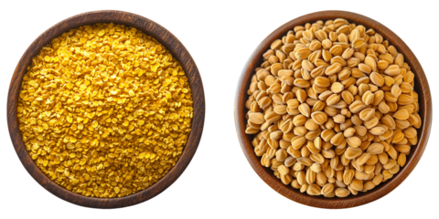 Two Wooden Bowls of Yellow Fenugreek Seeds and Powder Close Up