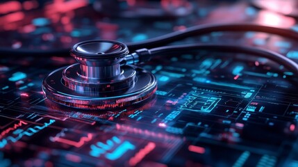 Stethoscope on Digital Circuit Board Background with Neon Glow