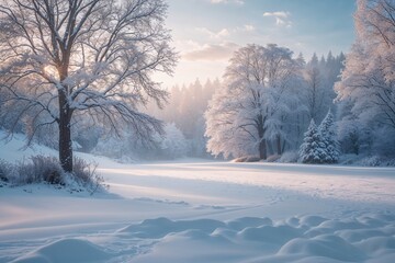 Fototapeta premium Serene Snowy Winter Landscape Embracing Peaceful Stillness and Tranquil Charm