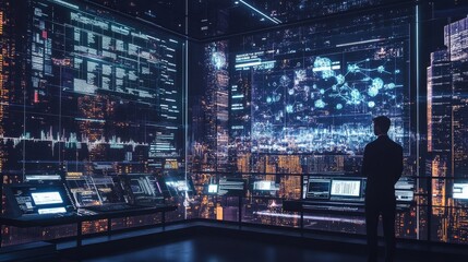 Obraz premium A blockchain architect creating AI powered fraud detection algorithms for decentralized exchanges, futuristic security lab with live exchange data, High-tech style