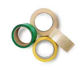 Rolls of different adhesive tapes isolated on white, top view