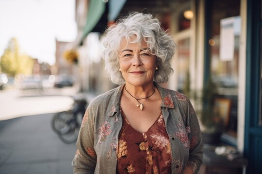 Portrait of a senior body positive woman with slightly messy modern apartment in the background in Sweden