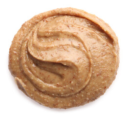 Fototapeta premium Sample of tasty nut butter isolated on white, top view
