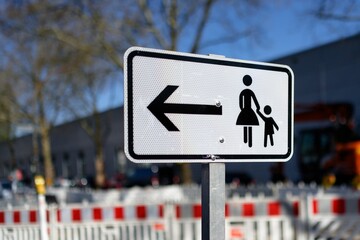 A white traffic sign with an arrow and a pictogram of a woman with a child shows pedestrians the way around a roadworks site