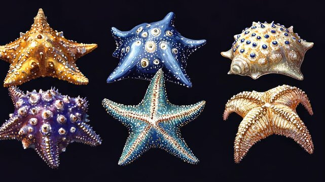 Variety of colorful sea stars and shell creatures displayed on a dark background in an artistic arrangement