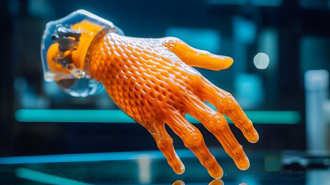 Prosthetic hand gripping object technology lab 3d printed innovation futuristic environment