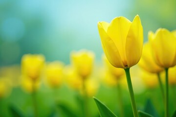 Bright yellow tulips sway in the spring breeze, stem, bloom, greenery