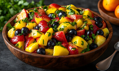 Colorful Fruit Salad in Wooden Bowl