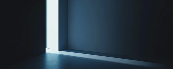 Fototapeta premium Illuminating Doorway Creating Contrast in Dark Blue Room Corner