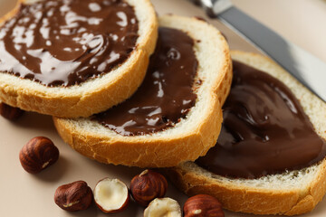 Morning food concept - tasty bread with chocolate pasta