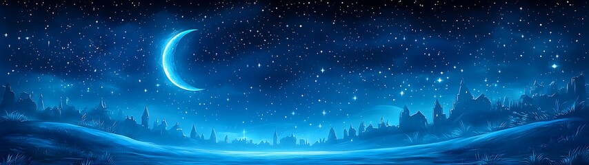 Naklejka premium Winter Night Landscape Crescent Moon.