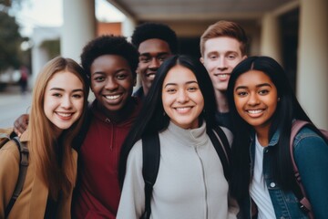 Obraz premium Portrait of a smiling diverse group of students Infront of university in USA