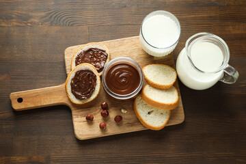 Morning food concept - tasty bread with chocolate pasta