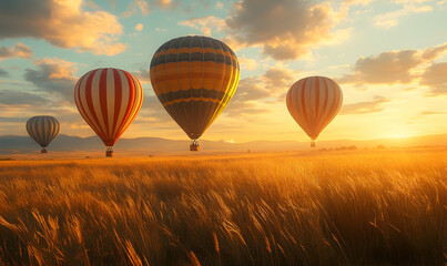 Obraz premium Colorful Hot Air Balloons Soaring Over Golden Wheat Field at Sunset
