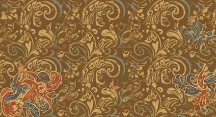 Decorative Floral Pattern with Ornate Swirls and Detailed Botanical Elements