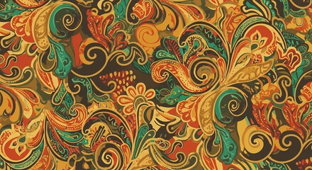 Detailed Floral Pattern Artwork in Warm Earth Tones with Swirls