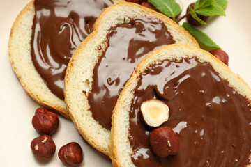 Morning food concept - tasty bread with chocolate pasta