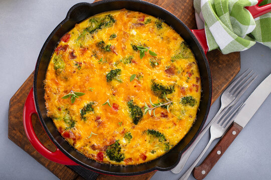 Broccoli, bacon and cheese frittata in a cast iron pan, healthy breakfast idea