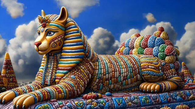 Colorful depiction of a sphinx in a surreal landscape with vibrant details against a blue sky