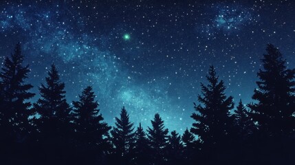 Naklejka premium Viewing Milky Way Galaxy Through Forest Trees at Night Sky