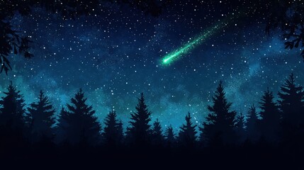 Fototapeta premium Watching a Green Shooting Star Over Dark Pine Tree Forest