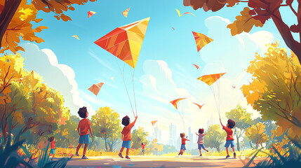 Children flying kites in park