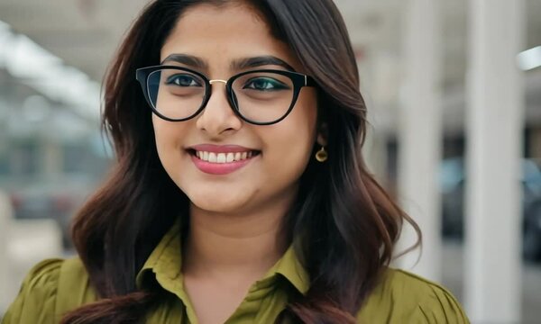 Smiling young asian indian businesswoman with glasses in office