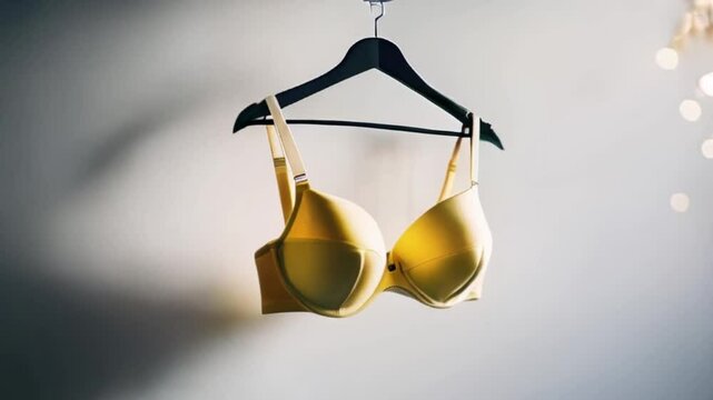Women's padded bra yellow purple bra hanged on the hanger isolated on light white background created with generative ai	