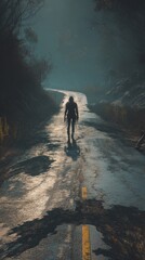 Obraz premium Mysterious figure walks down foggy winding road