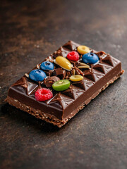 Close-up of a dark chocolate bar topped with toppings