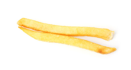 Two delicious French fries isolated on white, top view