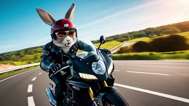 rabbit bunny, with a gleaming white buck tooth and mischievous glint in its bright brown Easter bunny on a motorcycle riding along the road created with generative ai.	