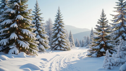 Fototapeta premium serene winter landscape featuring snow covered pine trees, tranquil path, and soft sunlight illuminating scene