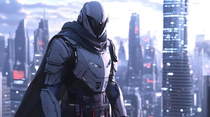 Futuristic templar knight in urban landscape sci-fi art high-tech city heroic stance