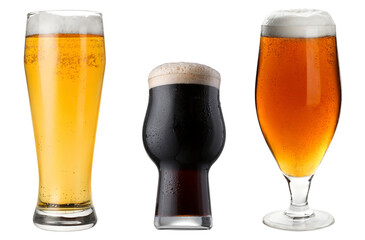 Different types of fresh beer in glasses isolated on white, set