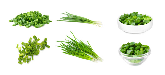 Fresh green onions on white background, collage