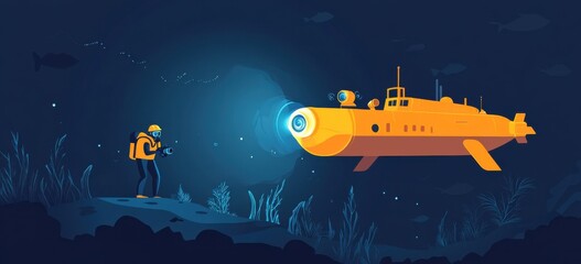Naklejka premium Exploring Underwater World Scuba Diver and Submarine in Cartoon Illustration