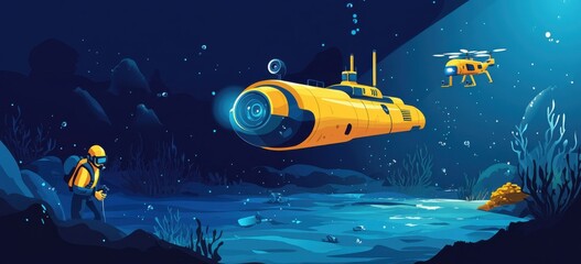 Exploring Ocean Depths Yellow Submarine and Drone Diving Illustration