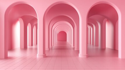 Fototapeta premium A pink hallway with repeating arched columns creating perspective