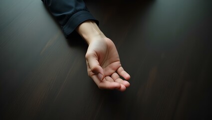 Obraz premium hand on a wood table, close human hand
