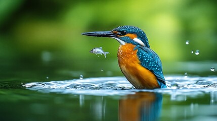 A vivid portrait of a kingfisher capturing its prey above the water's surface