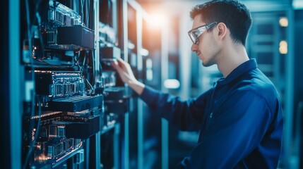Naklejka premium A blockchain engineer testing AI enhanced cryptocurrency mining rigs, futuristic tech lab with real-time energy optimization, High-tech style