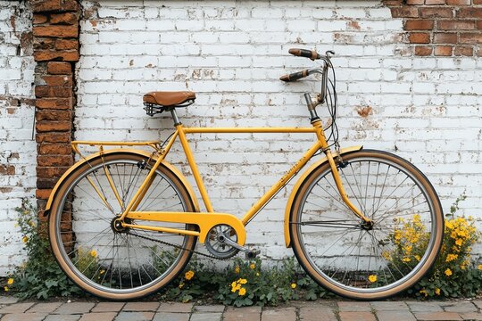 Butter yellow vintage bicycle against whitewashed brick wall