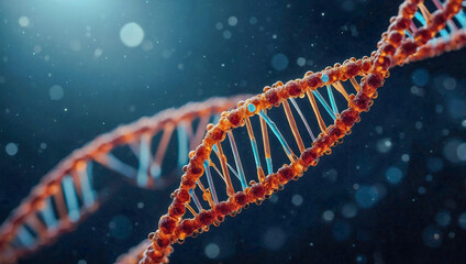 Close-up of a DNA strand with glittering molecular particles