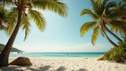 Fototapeta premium serene beach scene with palm trees, soft sand, and clear blue water creates tranquil atmosphere