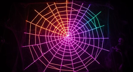 Obraz premium Vibrant Spiderweb Halloween Decoration with Neon Lights and Spooky Atmosphere