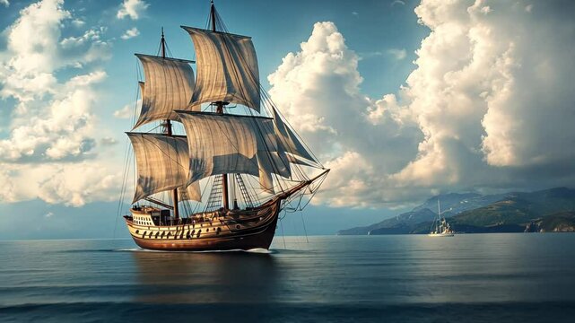 Sailing ship at sea, coastal mountains, clouds