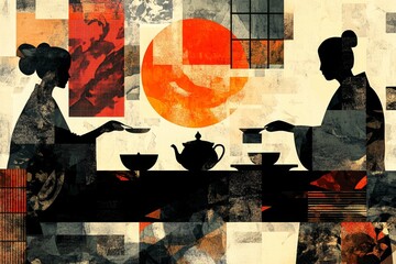 Fototapeta premium Abstract tea ceremony between two figures