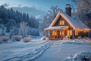 Fototapeta premium Cozy Winter Wonderland with Snowy Landscape and Tranquil Beauty